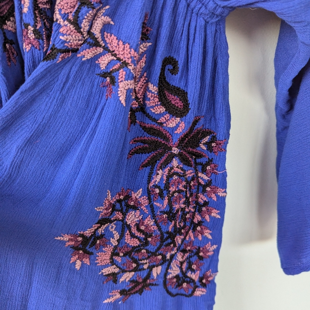 Free People Royal Blue Embroidered Floral Boho Mini Dress - Picture 11 of 13